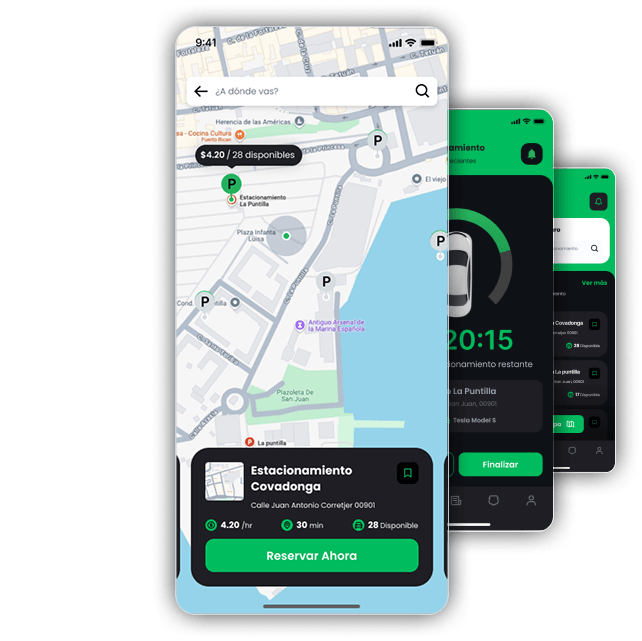 MoviPass app demonstration showing parking steps - find location, easy payment, and maintain flexibility